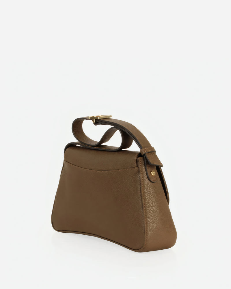 Angled view of The High Line Shoulder Bag Tapenade in Green, Brown leather