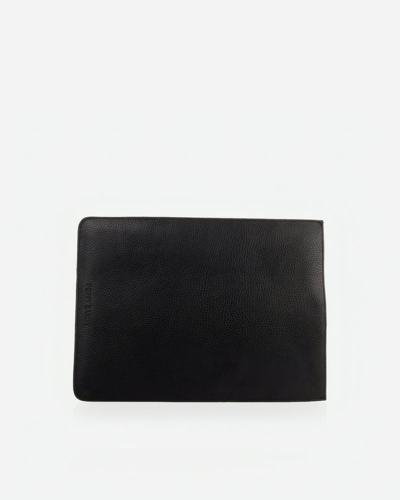 Front view of The Laptop Sleeve Black in pebbled leather