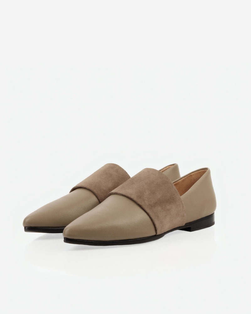 Pair of The Luxe Fit Flat Truffle in Brown, Neutral suede. Sizes 5–12