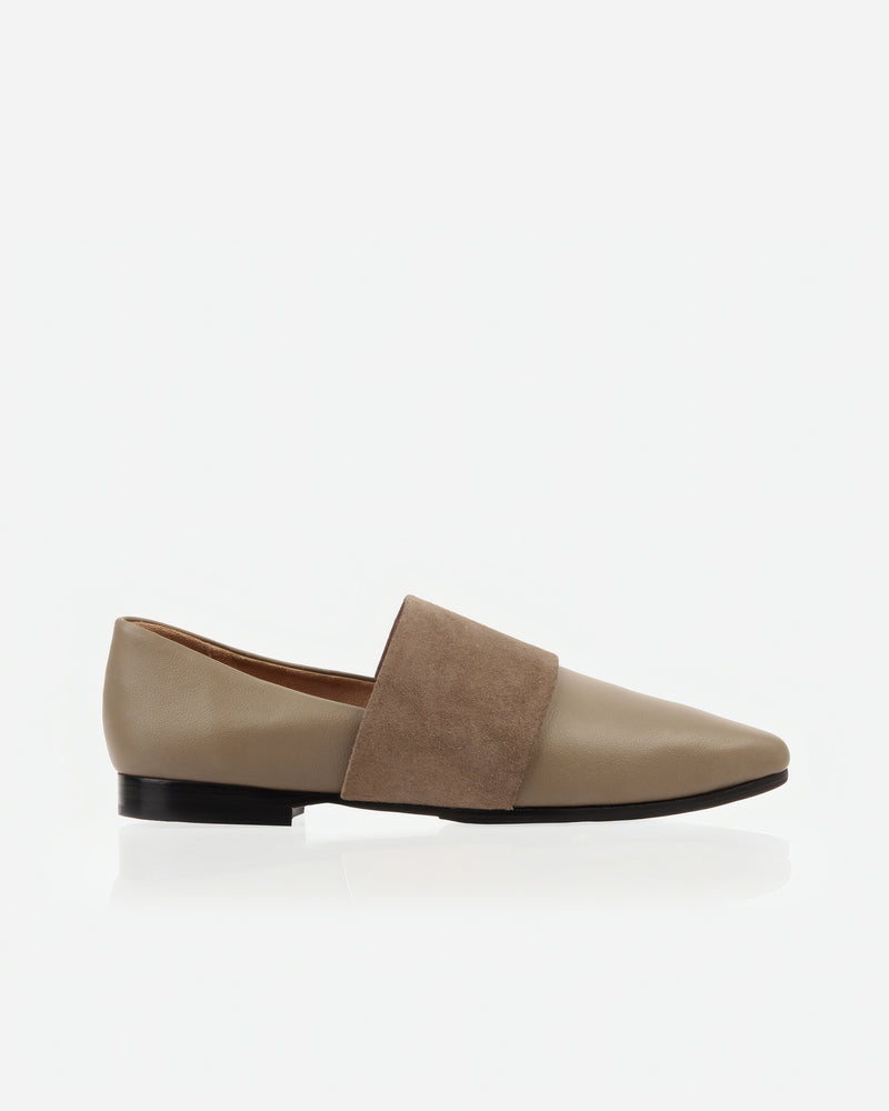 Flat lay of The Luxe Fit Flat Truffle in Brown, Neutral suede. Sizes 5–12