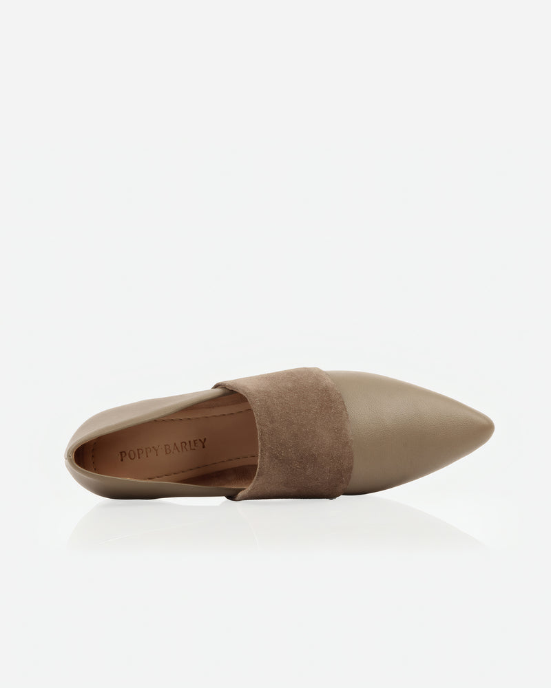 Flat lay of The Luxe Fit Flat Truffle in Brown, Neutral suede. Sizes 5–12