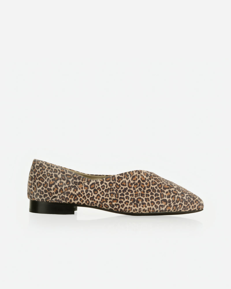 Flat lay of The Marché Flat Micro Leopard in Animal Print suede. Sizes 5–12, wide available