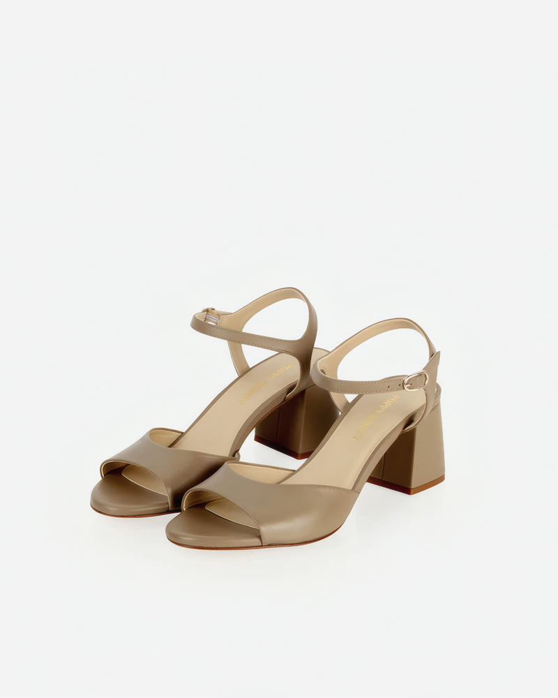 Pair of The Mila Heeled Sandal Halva in Neutral smooth leather. Sizes 5–12