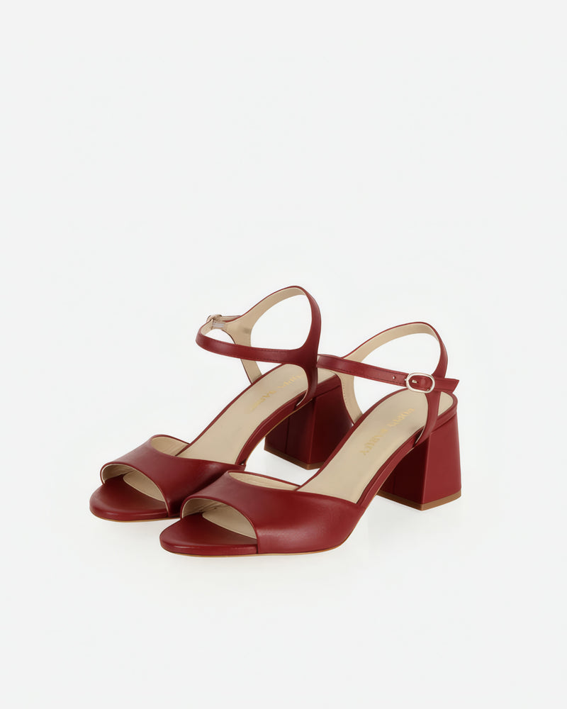 Pair of The Mila Heeled Sandal Rioja in Red smooth leather. Sizes 5–12