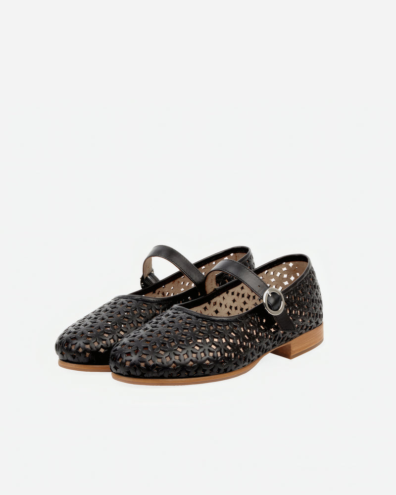 Pair of The Modern-Day Mary Jane Perforated Black in Black leather. Sizes 5–12, wide available