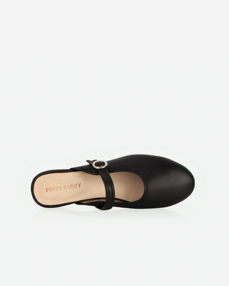 Top view of The Modern-Day Mule Black in smooth leather. Sizes 5–12, wide available