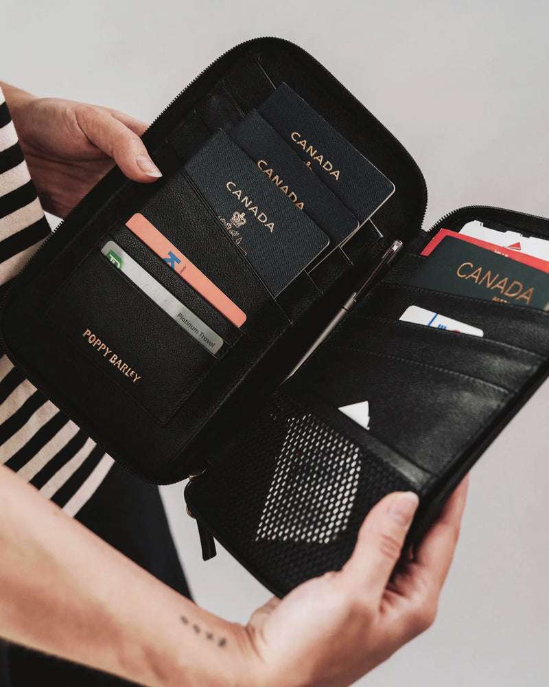 Passport holder showing passports held by woman in striped top. The Six Person Family Passport Holder Black Micro Pebble.