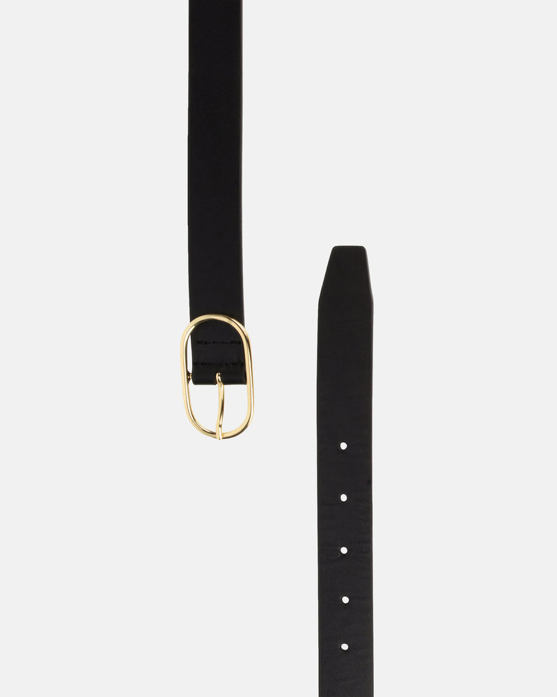 Flat lay of The Sleek Belt Gold Black in Black, Multicolored leather