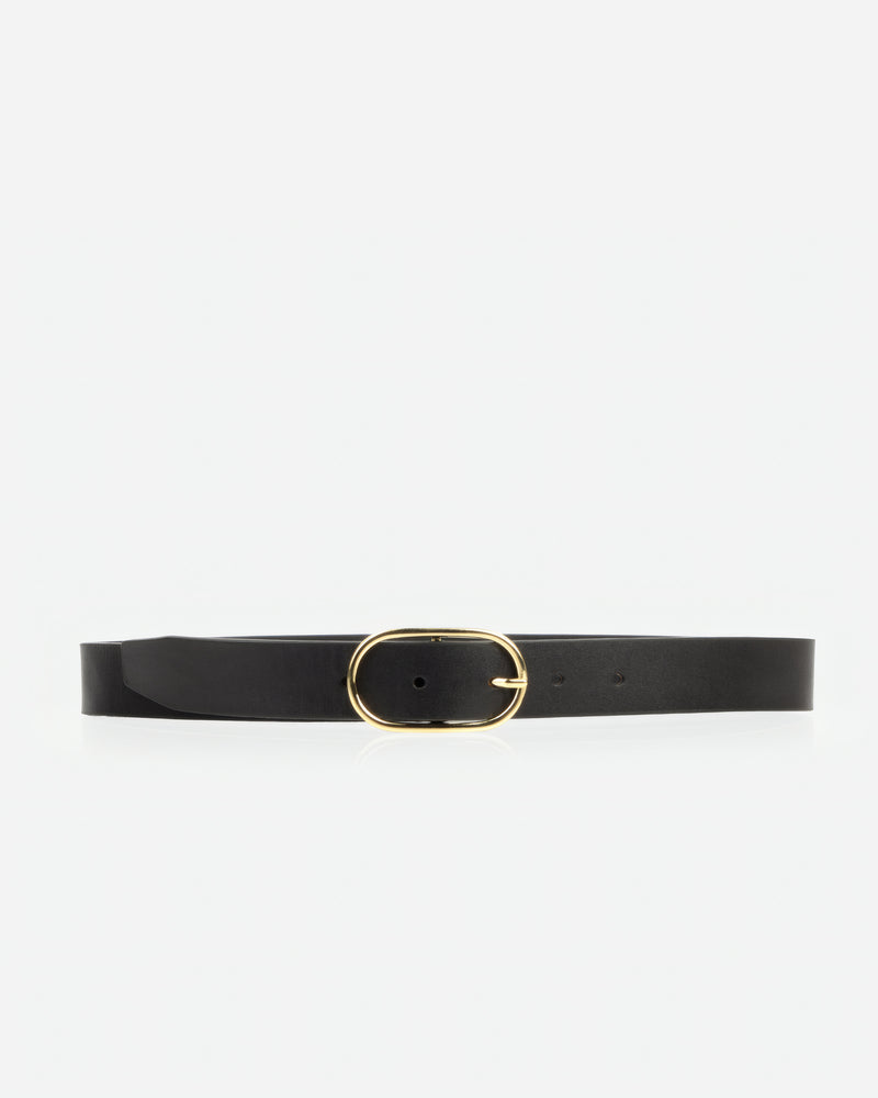 Front view of The Sleek Belt Gold Black in Black, Multicolored leather