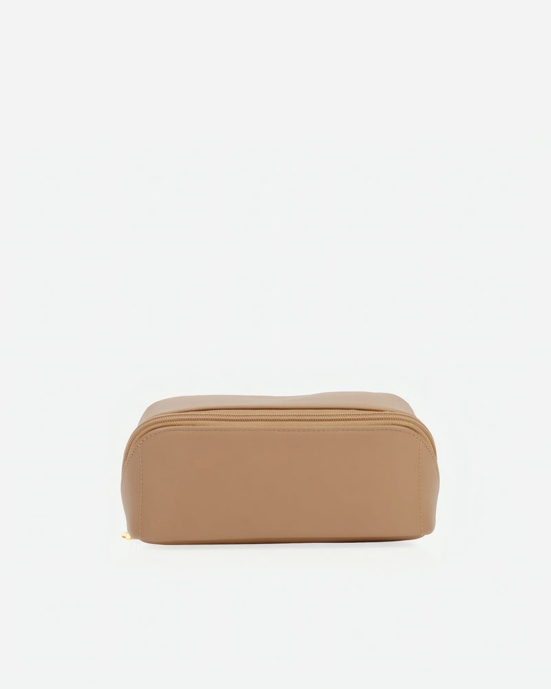 Front view of The Cosmetic Case Small Biscotti in Neutral, Brown leather