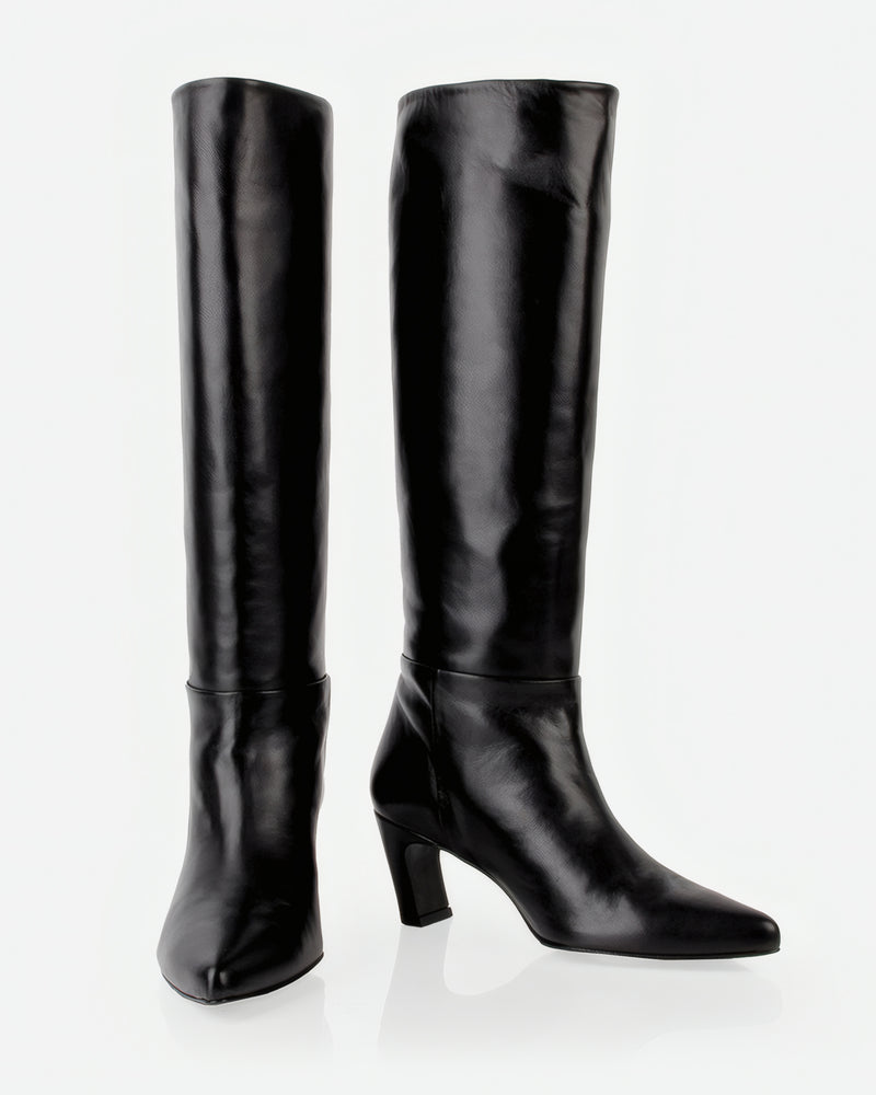 Pair of The Toujours Tall Boot Black in smooth leather. Sizes 5–12