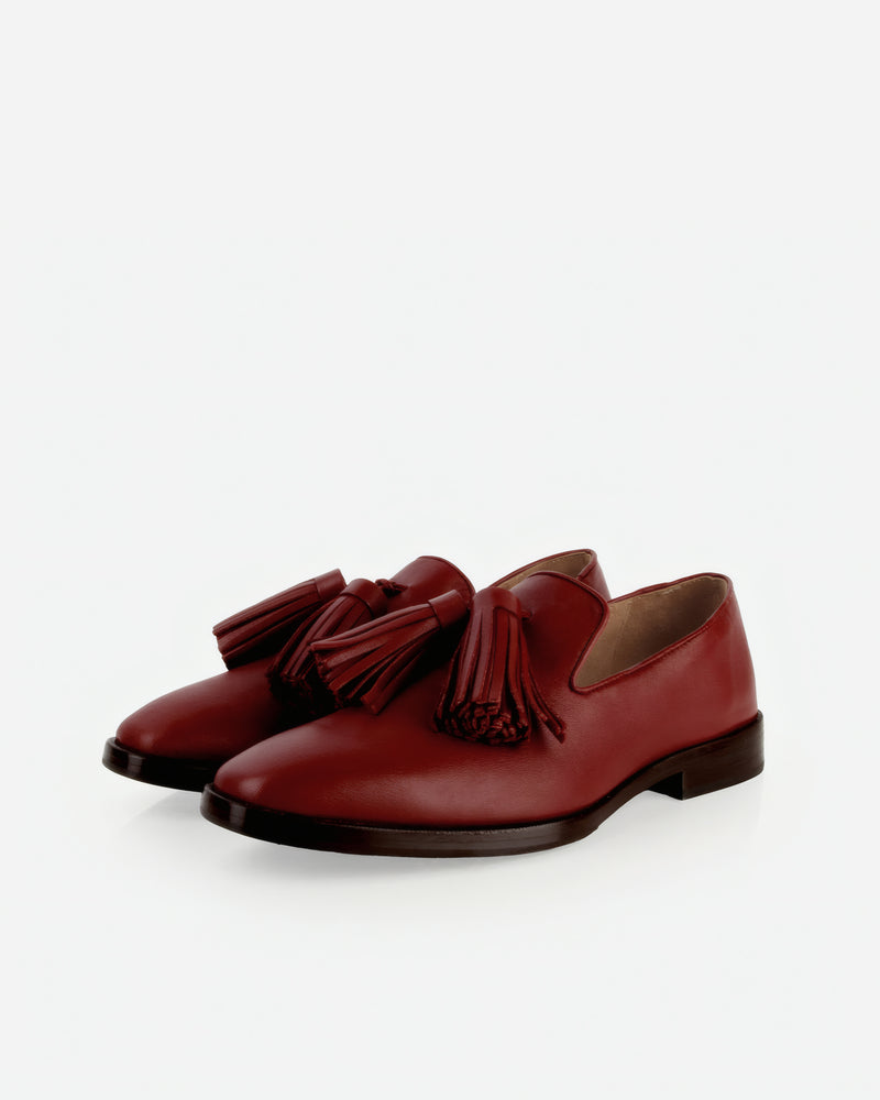 Pair of The Tassel Daily Loafer Resort Red in Red smooth leather. Sizes 5–12, wide available