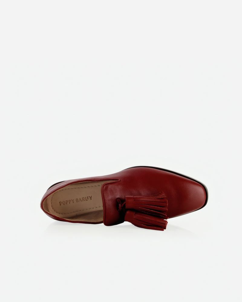 Top view of The Tassel Daily Loafer Resort Red in Red smooth leather. Sizes 5–12, wide available