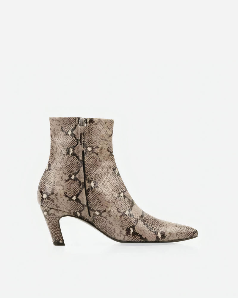 Side view of The Toujours Boot Taupe Snake in Grey, Brown, Animal Print leather. Sizes 5–12, wide available