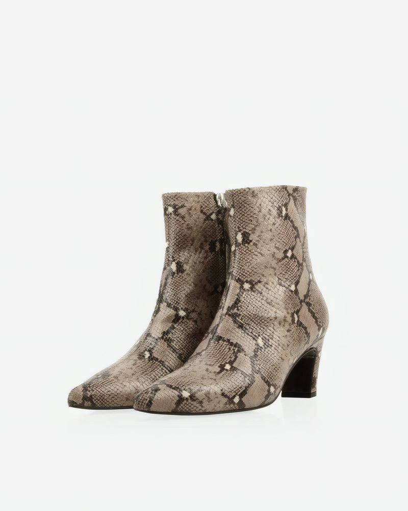 Pair of The Toujours Boot Taupe Snake in Grey, Brown, Animal Print leather. Sizes 5–12, wide available
