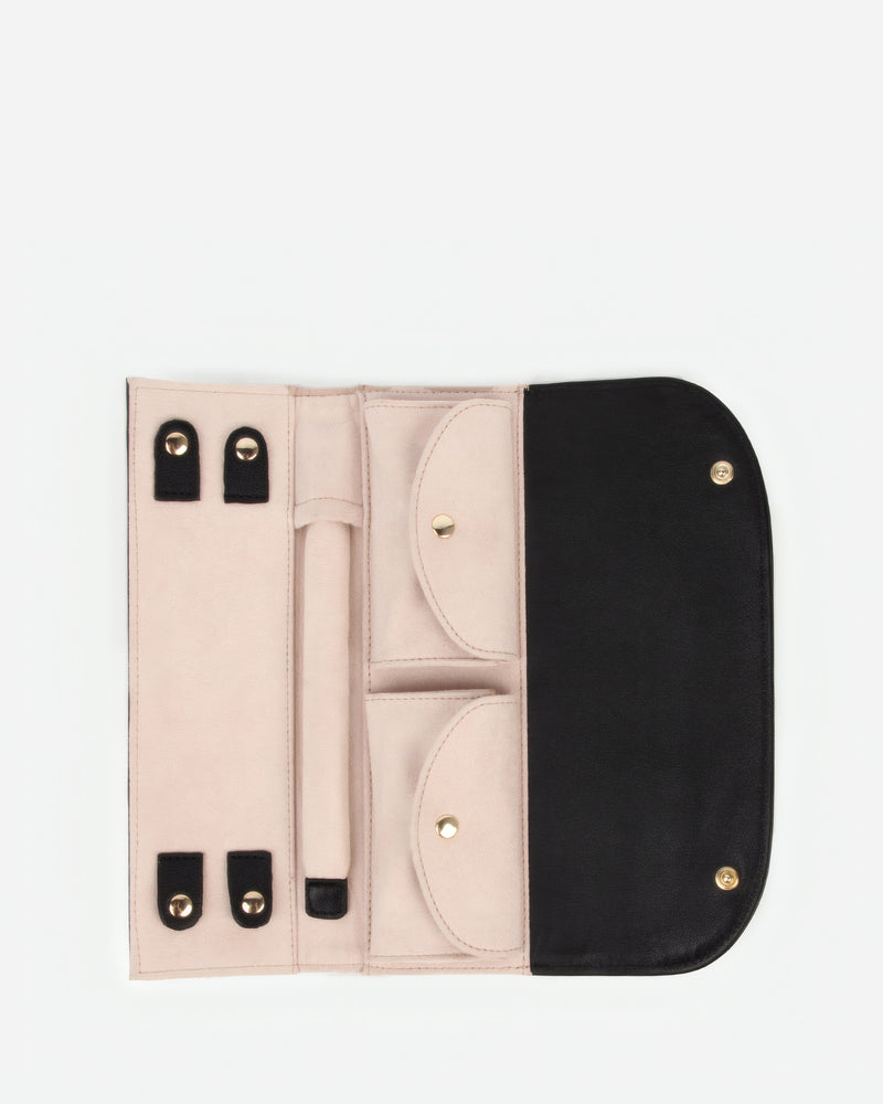 Interior of The Travel Jewelry Case Black in leather