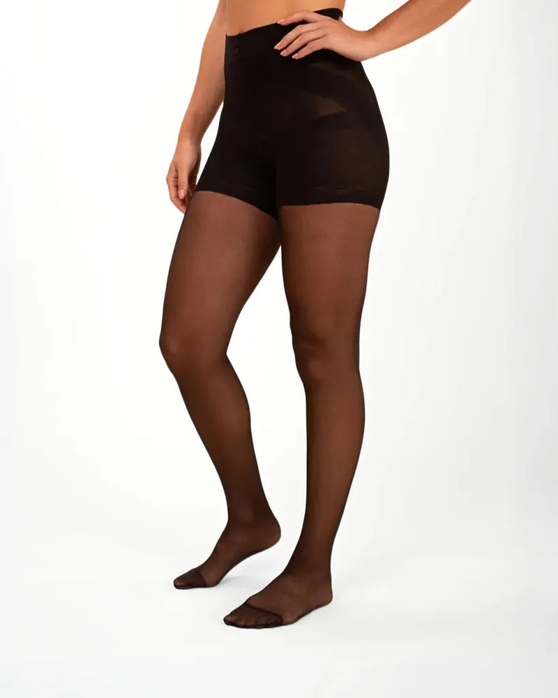 Side view of woman standing in sheer black tights with high-waist contour panel. Threads Sheer Contour Black Tights.