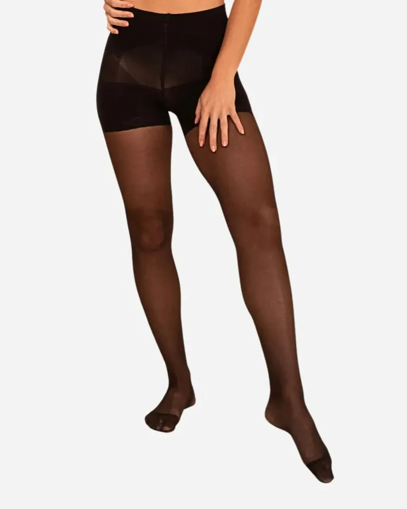 Front view of woman in sheer black tights with contour waistband panel. Threads Sheer Contour Black Tights.