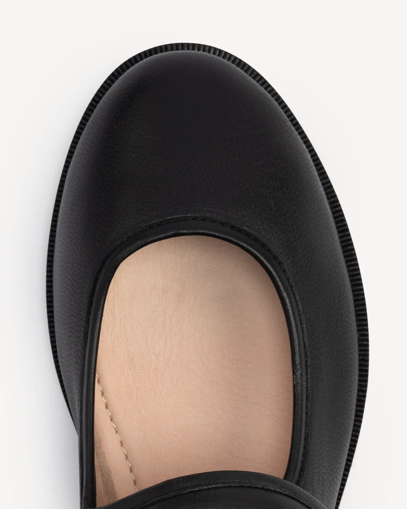 Close-up of round toe and buckle strap detail. The Today Mary Jane Black. Sizes 5–12, wide available.