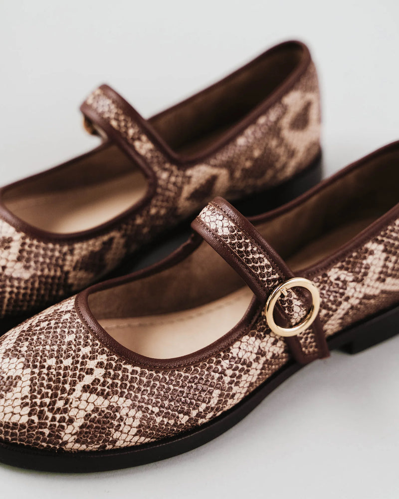 Close-up of desert snake print Mary Jane flats. The Today Mary Jane Desert Snake. Sizes 5–12, available in wide.