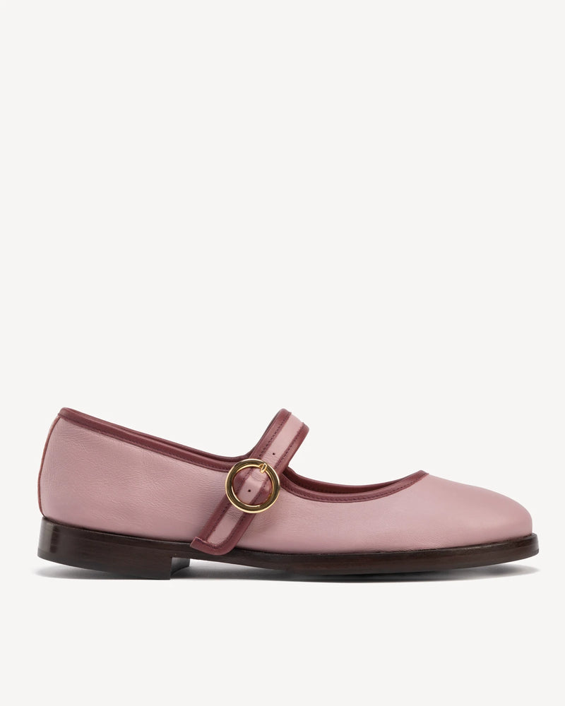 Side view of round-toe flat with single buckle strap. The Today Mary Jane Dusty Mauve. Sizes 5–12.