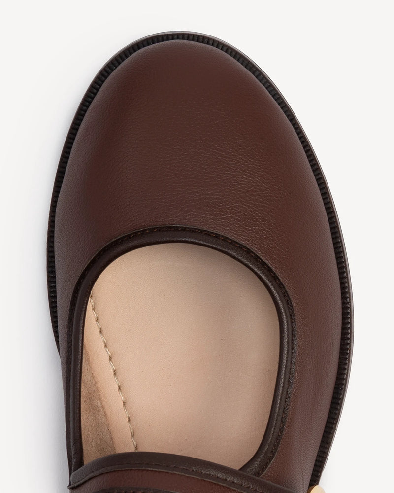 Close-up of round toe and buckle strap detail. The Today Mary Jane French Press. Sizes 5–12.
