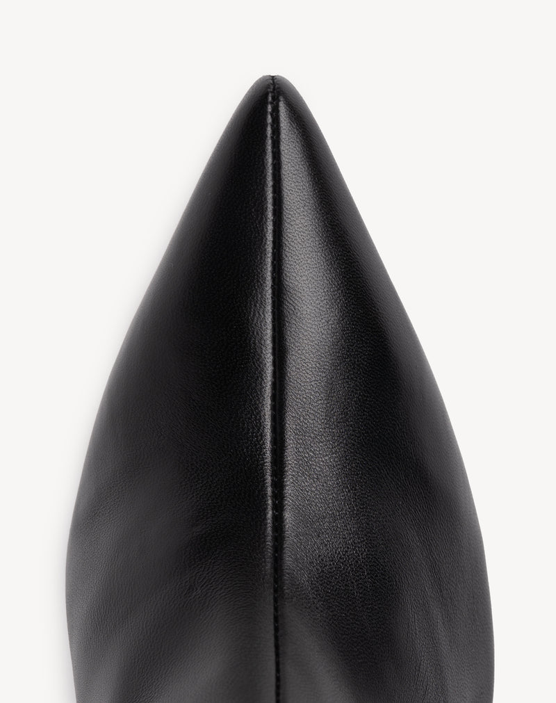 Close-up detail of The Toujours Boot Black in smooth leather. Sizes 5–12, wide available
