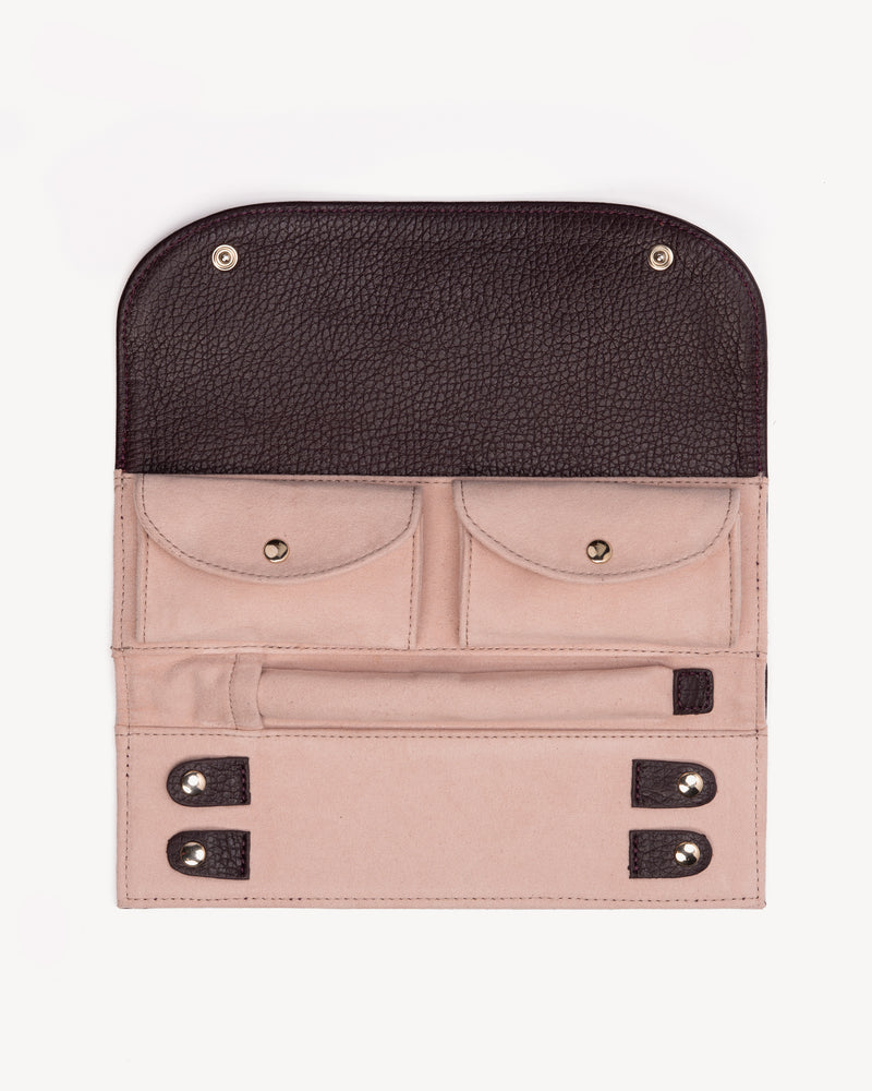 Side view of The Travel Jewelry Case Plum in Purple leather