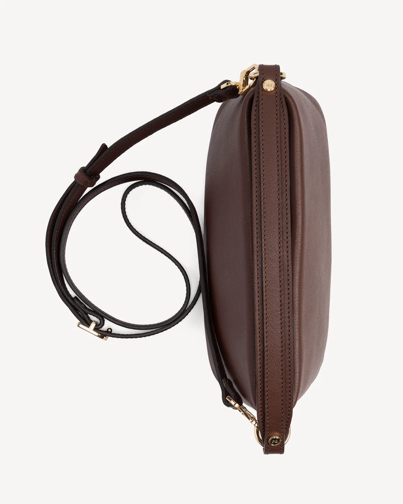 Overhead view of rectangular bag showing zip-top opening. The Via Monte Bag French Press.
