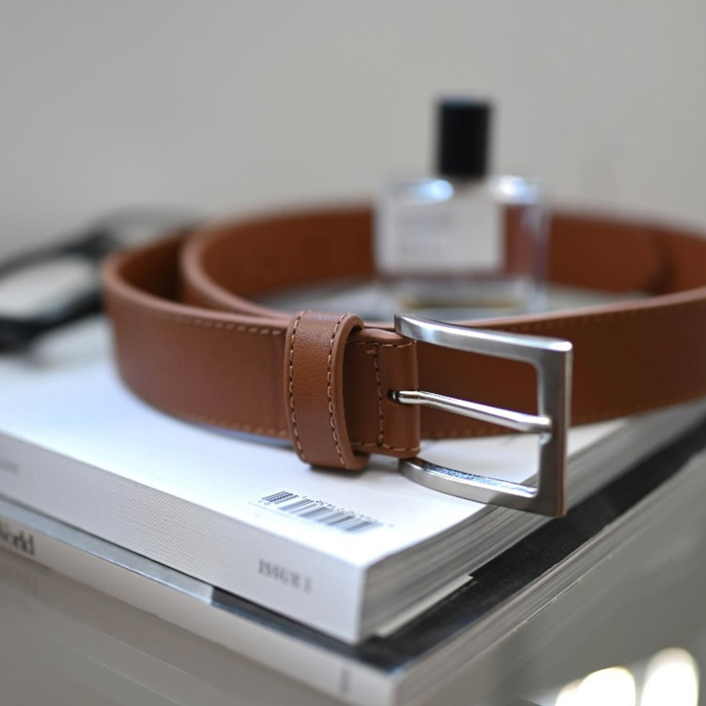 The District Belt Brushed Silver Leather Brown