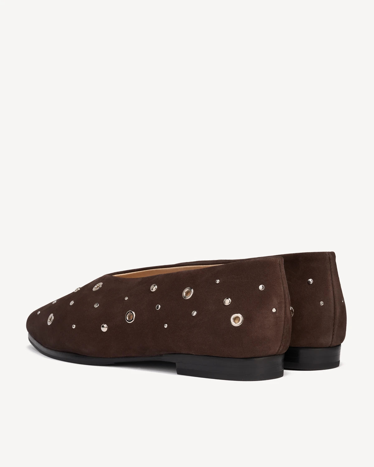 Back angle view of the studded suede flats. The Atelier Flat Cocoa Plum Studded. Sizes 5–12, wide available.