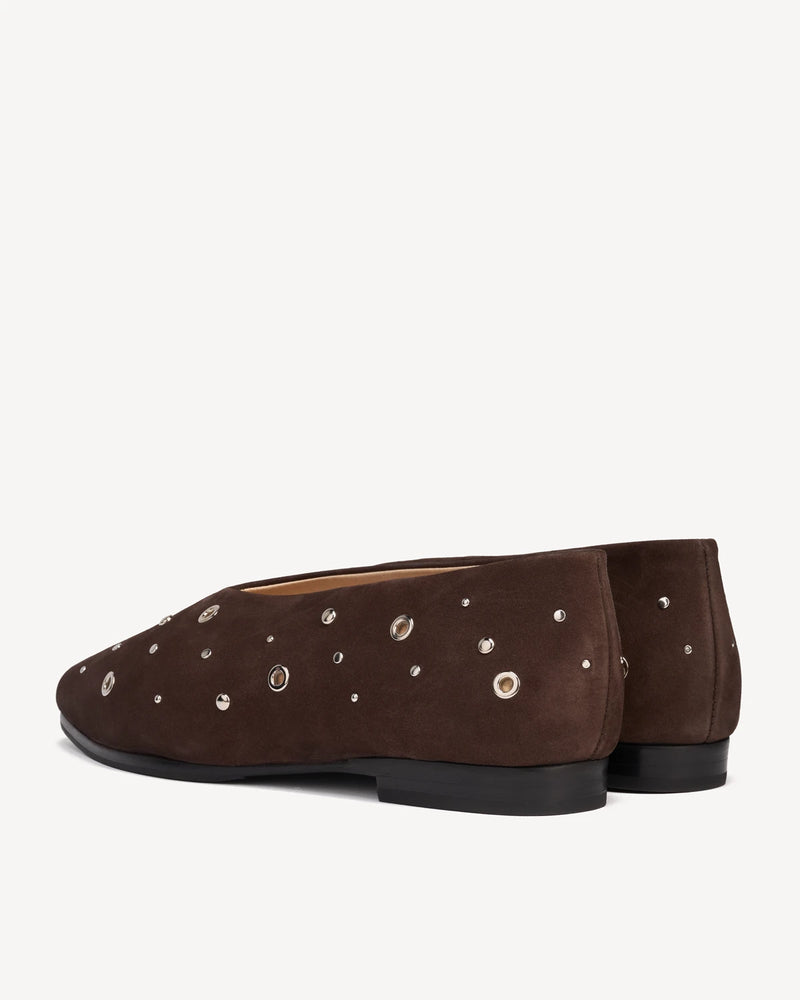 Back angle view of the studded suede flats. The Atelier Flat Cocoa Plum Studded. Sizes 5–12, wide available.