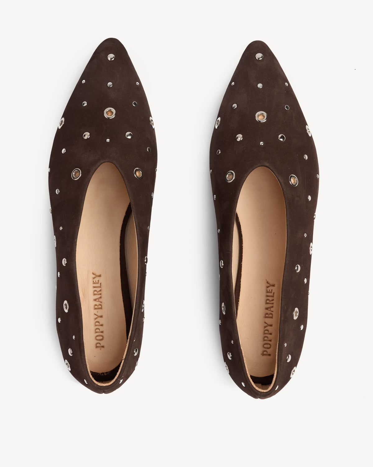 Overhead view of a pair of studded suede flats. The Atelier Flat Cocoa Plum Studded. Sizes 5–12, wide available.