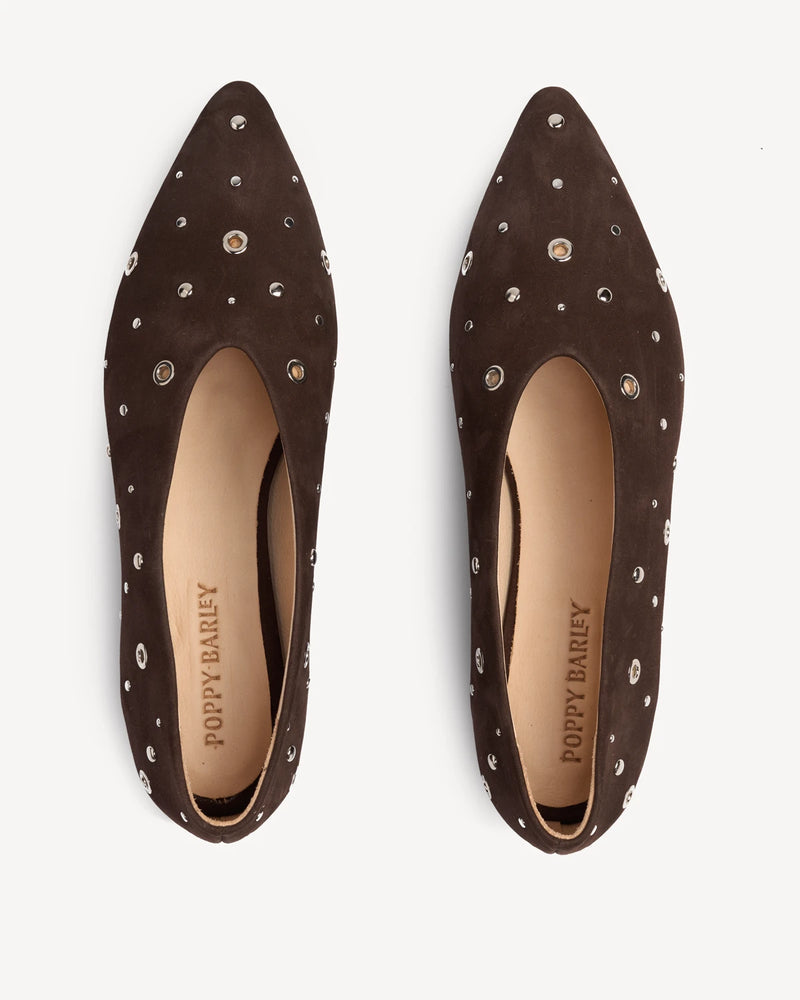 Overhead view of a pair of studded suede flats. The Atelier Flat Cocoa Plum Studded. Sizes 5–12, wide available.