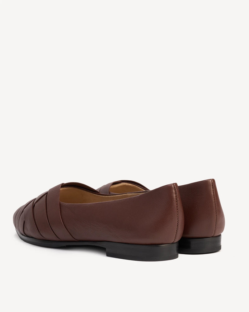 Back view of woven leather flats, pointed toes and low soles. The Athena Flat French Press. Sizes 5–12, wide available.