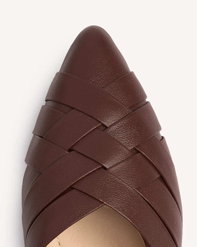 Close-up of the basketweave pattern on a woven leather flat. The Athena Flat French Press. Sizes 5–12, wide available.