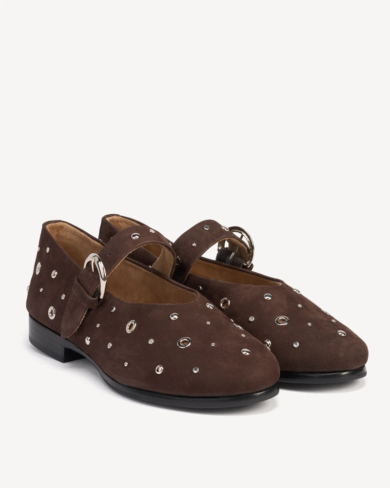 Studded suede mary janes with buckle straps, angled view. The BLVD Mary Jane Cocoa Plum Studded. Sizes 5–12, wide available.