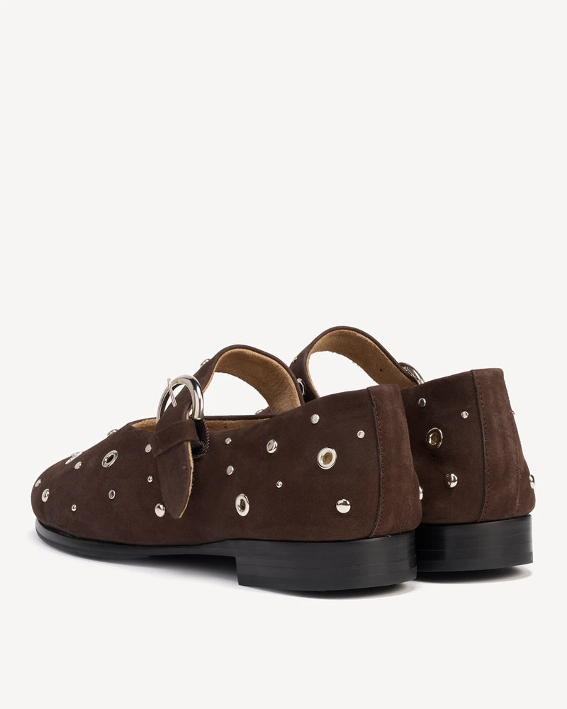 Back view of studded suede mary janes showing low heels. The BLVD Mary Jane Cocoa Plum Studded. Sizes 5–12, wide available.