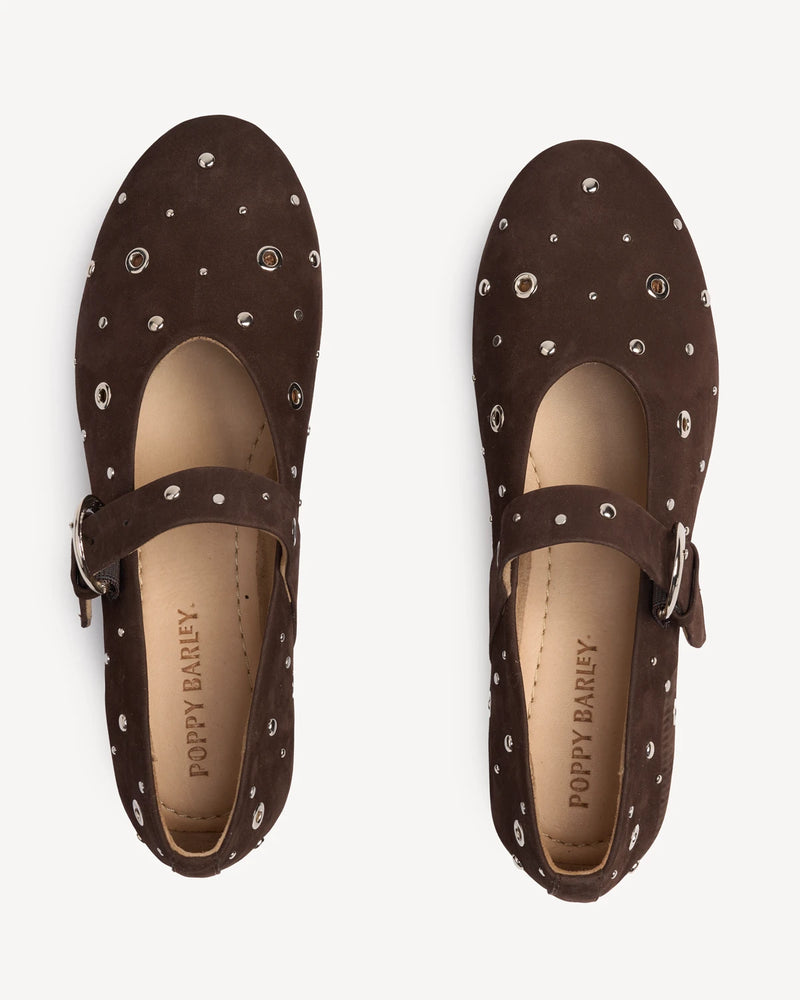 Overhead view of studded suede mary janes. The BLVD Mary Jane Cocoa Plum Studded. Sizes 5–12, wide available.