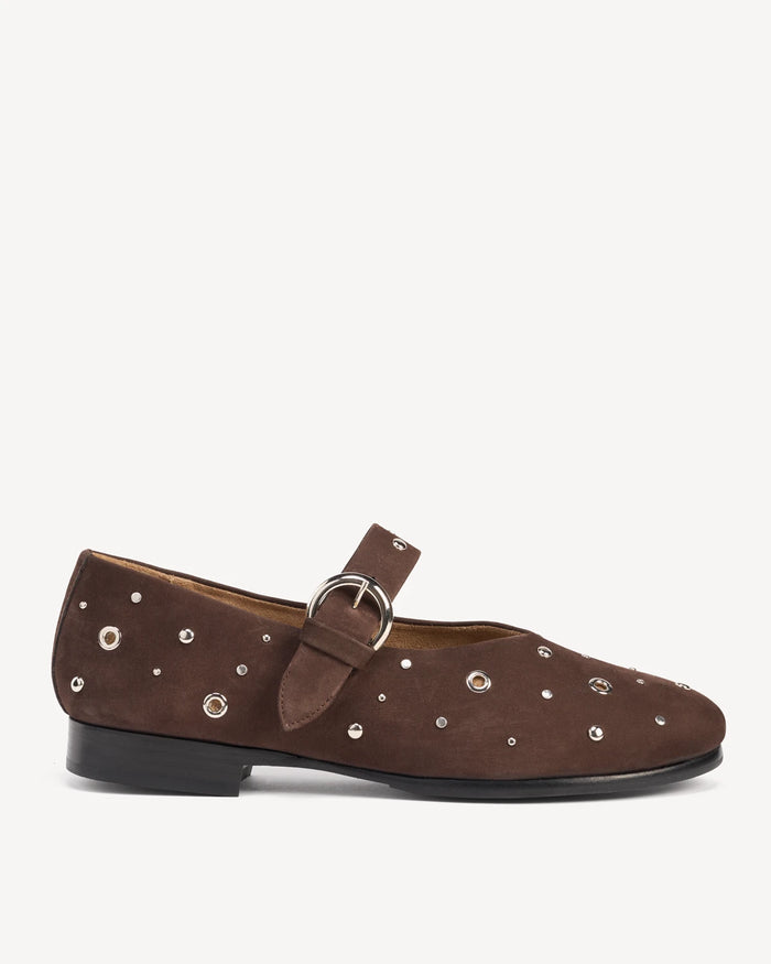 Side view of a studded suede mary jane with buckle strap. The BLVD Mary Jane Cocoa Plum Studded. Sizes 5–12, wide available.