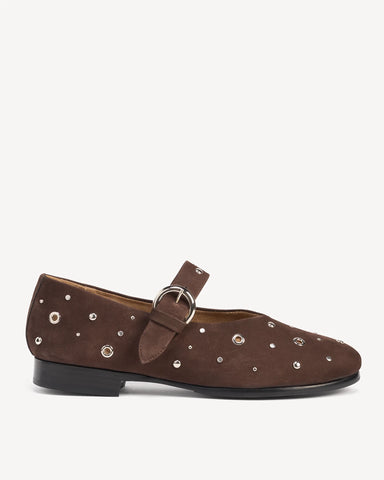 Side view of a studded suede mary jane with buckle strap. The BLVD Mary Jane Cocoa Plum Studded. Sizes 5–12, wide available.
