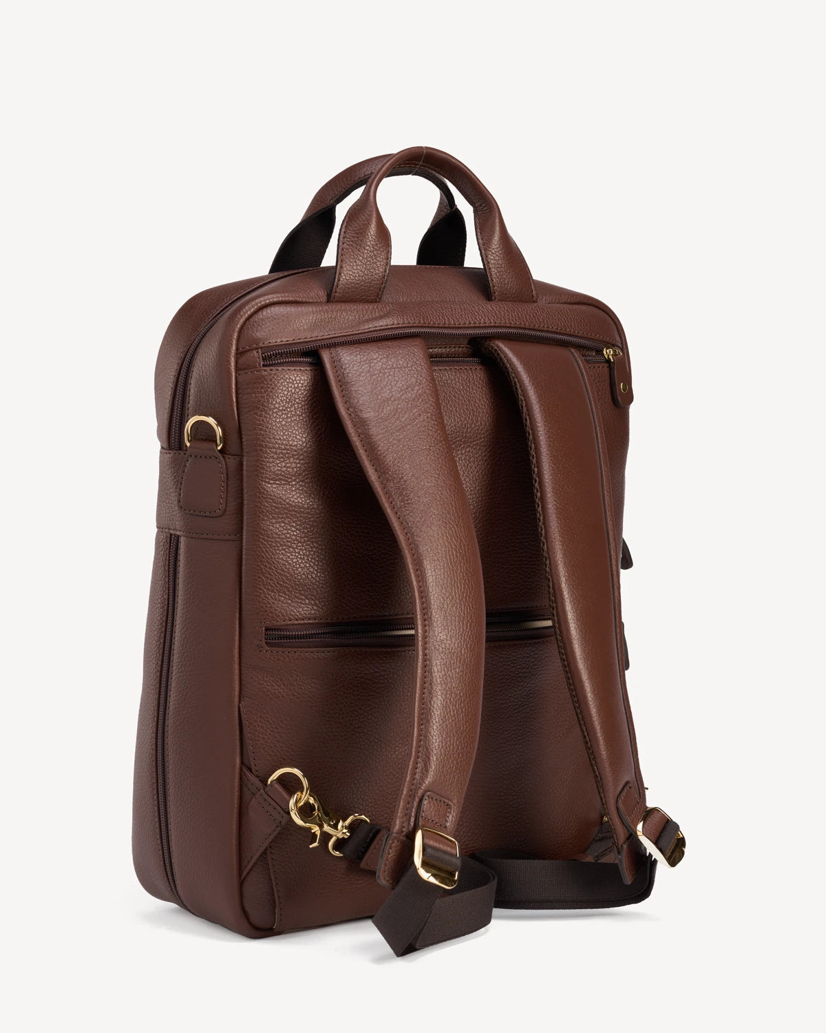 Back view of the pebbled-leather backpack showing padded straps. The Backpack French Press.