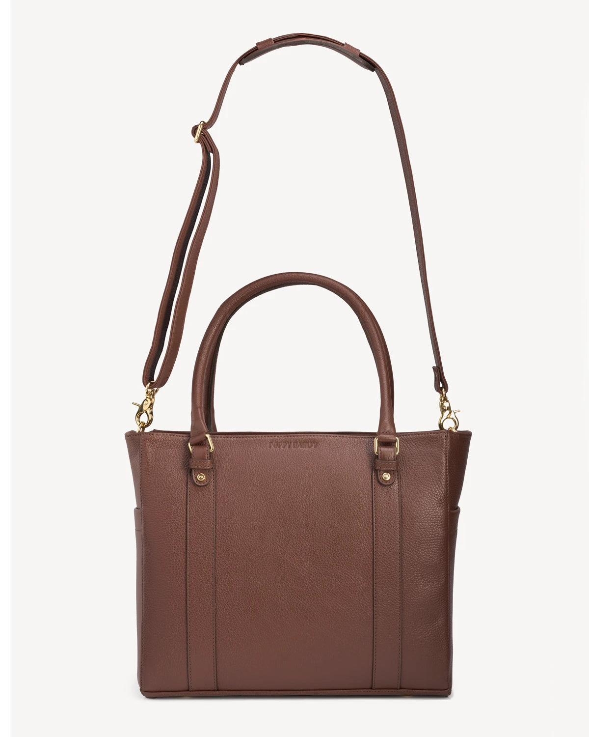 Leather tote shown with its adjustable crossbody strap attached. The Colleague Tote French Press.