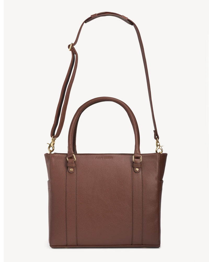 Leather tote shown with its adjustable crossbody strap attached. The Colleague Tote French Press.