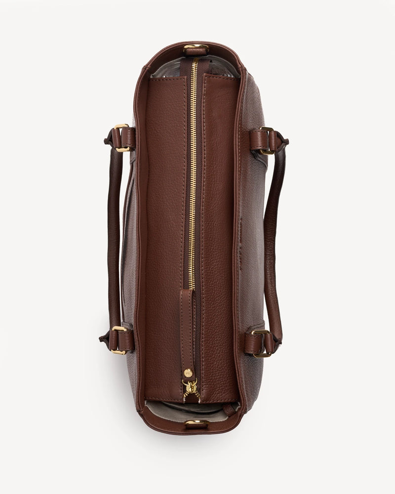 Overhead view into the leather tote showing zip closure and interior. The Colleague Tote French Press.
