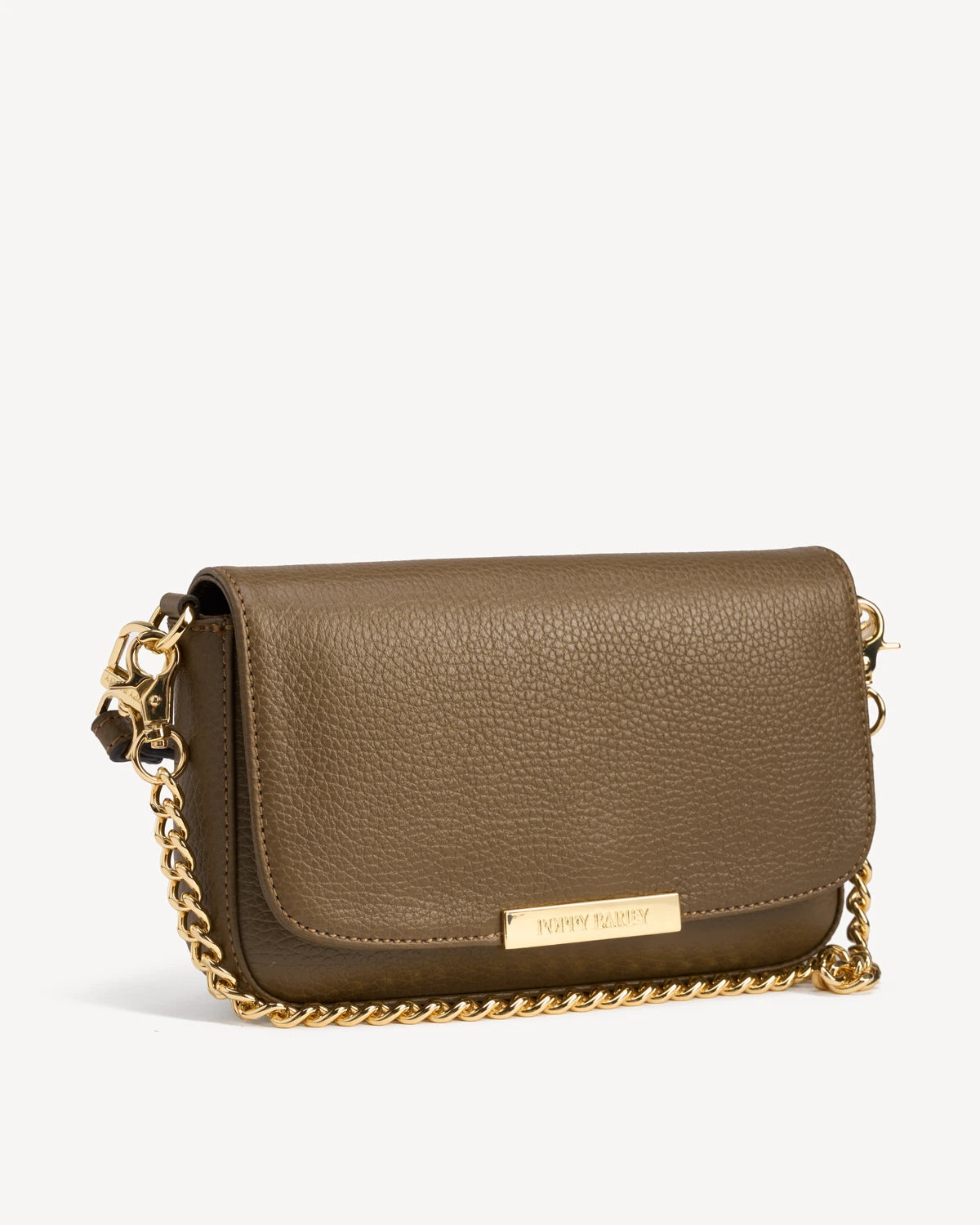 Leather flap bag with a gold chain strap and structured silhouette. The Day To Night Bag Tapenade.