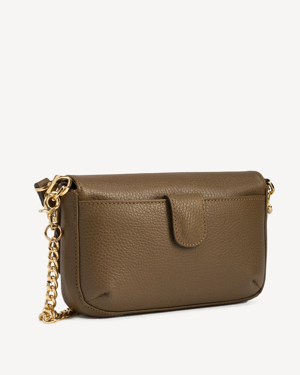Leather flap bag with gold chain strap, angled front view. The Day To Night Bag Tapenade.