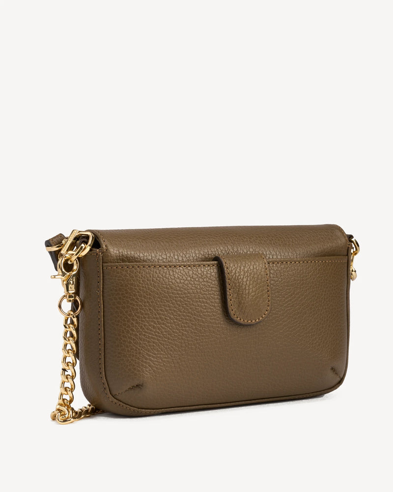 Leather flap bag with gold chain strap, angled front view. The Day To Night Bag Tapenade.