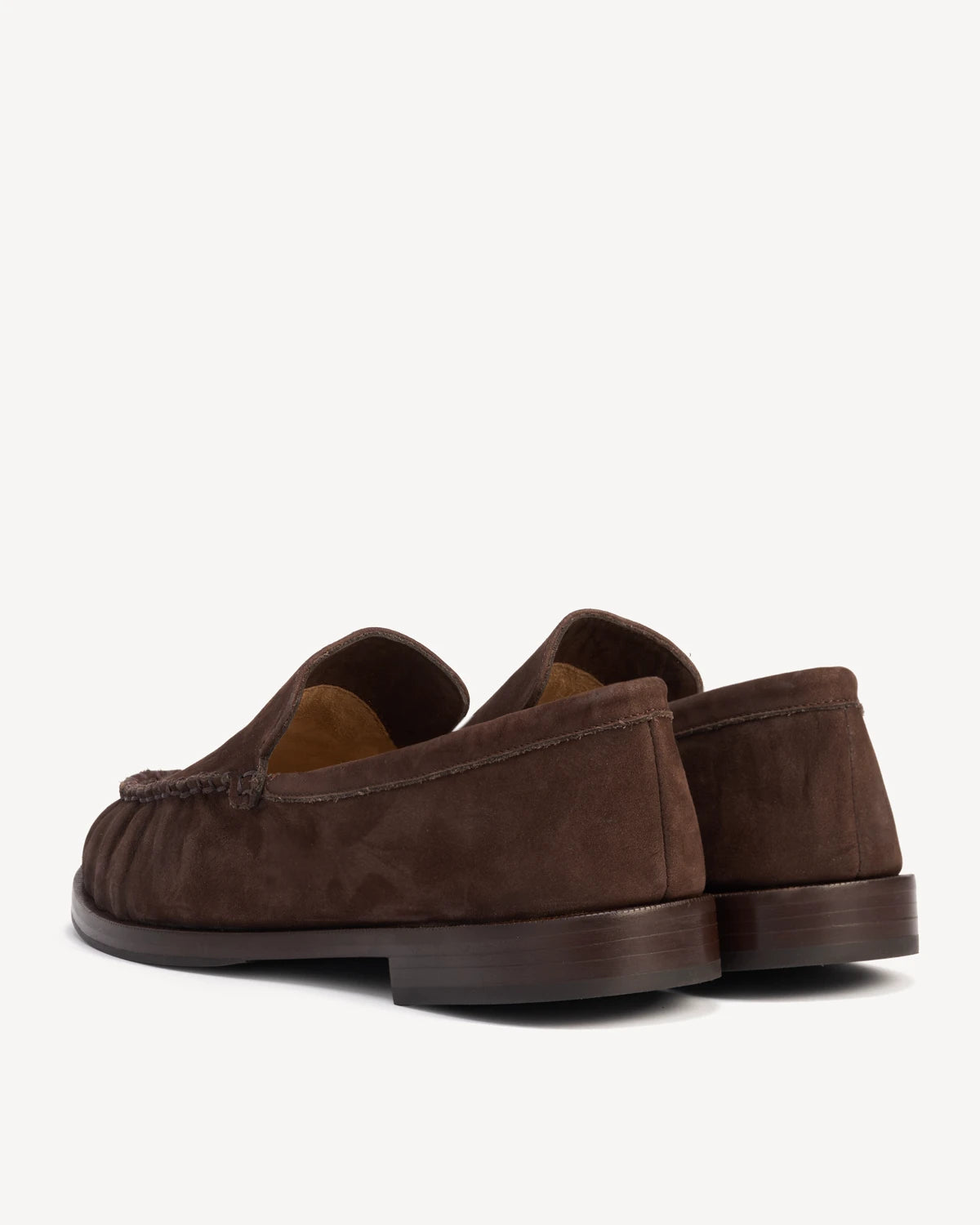 Back view of suede loafers showing low stacked heels. The Laid Back Loafer Cocoa Plum. Sizes 5–12, wide available.