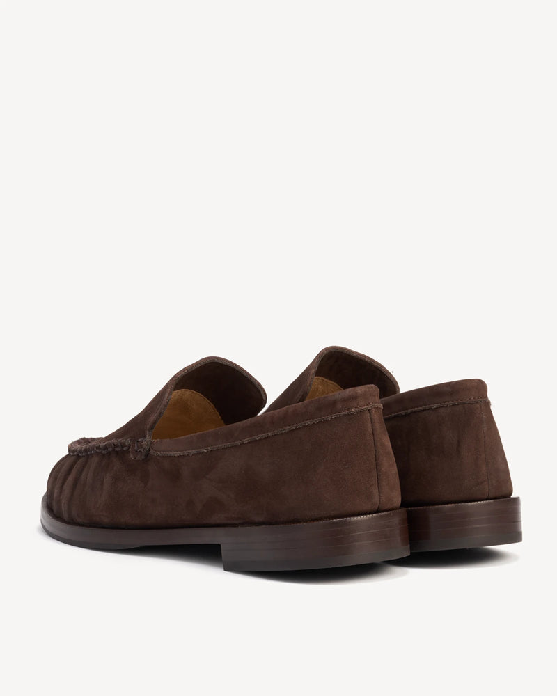 Back view of suede loafers showing low stacked heels. The Laid Back Loafer Cocoa Plum. Sizes 5–12, wide available.